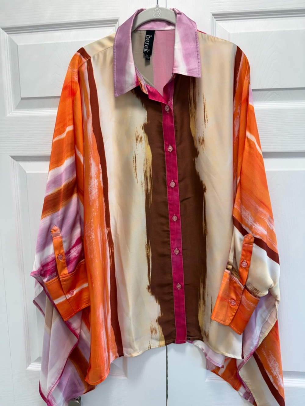 Berek Orange Pink Brown Cream Abstract Flowy Button-Front Blouse XL - Picture 2 of 4